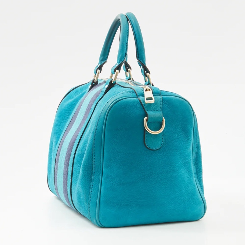 Authentic Gucci Teal Blue Suede Web Boston Bag - Picture 3 of 16